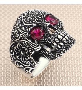 925 Ayar Gümüş Ruby Yakut Taşlı Kuru Kafa Motifli Gothik Tasarım Taşsız Erkek Yüzük