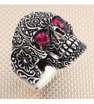 925 Ayar Gümüş Ruby Yakut Taşlı Kuru Kafa Motifli Gothik Tasarım Taşsız Erkek Yüzük