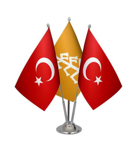 Masa Üstü Karahanlılar Bayrağı Türk Bayrağı Üçlü Krom Direk Masa Bayrak Seti