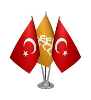 Masa Üstü Karahanlılar Bayrağı Türk Bayrağı Üçlü Krom Direk Masa Bayrak Seti