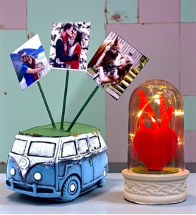 Kişiye Özel Hediye Seti Led Işıklı Fanus ve 3 Fotoğraflı Mavi Vosvos Saksı (Model 1)