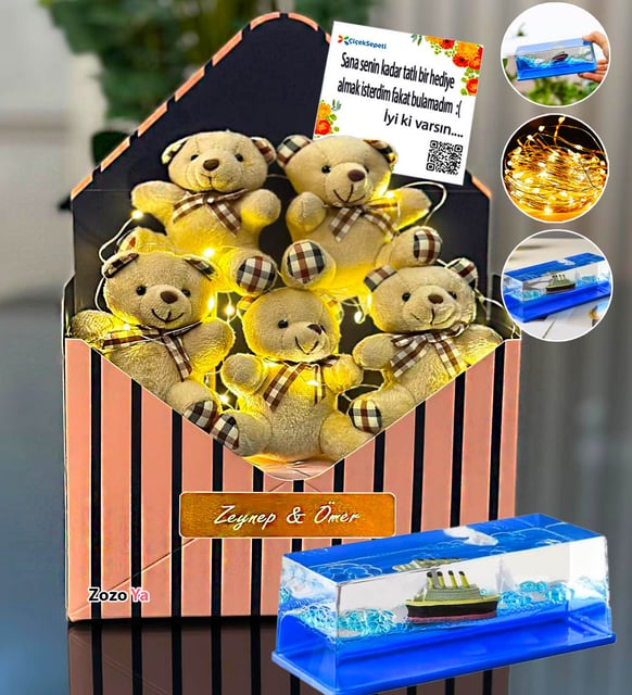 Kişiye İsime Özel Premium Led Işıklı Peluş Ayıcık Buketi & Batmayan Aşk Gemisi Sevgiliye Hediye