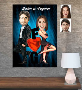 Kişiye Özel Karikatür Baskılı Ahşap Tablo Sevgili-8 30x40