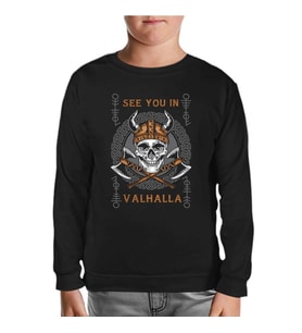 Viking Skull in Vallaha Siyah Çocuk Sweatshirt
