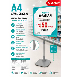 5 Adet - A4 Ayaklı Fiyat Etiketlik Teleskopik Borulu Çerçeve Etiketlik Yönlendirme Levhası Menü Panosu Turkuaz