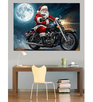 Motosiklet Üzerinde Noel Baba Tablosu Dekoratif Kanvas - Mdf Ahşap Tablo