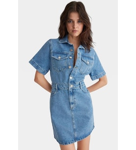 Kadın Denim Gömlek Elbise Kısa Kollu Midi Boy Pamuk Casual Günlük Yaz Aylarının Vazgeçilmezi