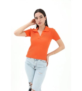 Polo Yakalı Kısa Kol Triko Kazak - Turuncu