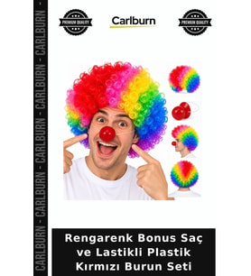 Rengarenk Bonus Saç ve Lastikli Plastik Kırmızı Burun Seti Komik Parça Etkinlik Gereci Gösteri Ürünü
