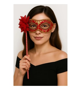 Mey İthalat® Lüks Taşlı Saplı Maskeli Balo Maskesi Kırmızı Renk 35 cm