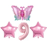 Pembe Kelebekli 9 Yaş Folyo Balon Set