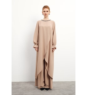 Asimetrik Kesim Tunik Pantolon Takım - Bej