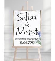 Söz Nişan Düğün İçin 50x70 Karşılama Panosu - Mavi Çiçek Desenli Pano
