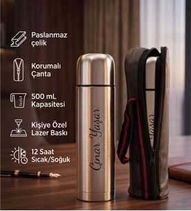 Kişiye Özel Baskılı İsimli Termos 500 ml - Paslanmaz Çelik Korumalı Çantalı 12 Saat Sıcak Soğuk Tutucu Termos Matara Gümüş Renk