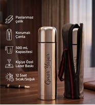 Kişiye Özel Baskılı İsimli Termos 500 ml - Paslanmaz Çelik Korumalı Çantalı 12 Saat Sıcak Soğuk Tutucu Termos Matara Gümüş Renk