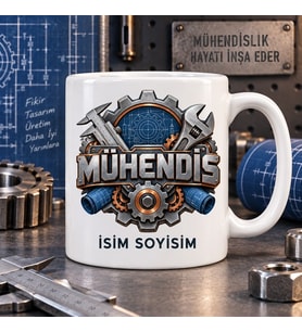 Mühendis Kupa Bardak Dişli Anahtar ve Teknik Çizim Desenli