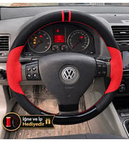 Vw Caddy 3 Dikme Direksiyon Kılıfı Parlak Siyah Kırmızı Detaylı Kırmızı Çift Yüzük ve Dikiş 2004-2010