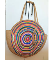 Renkli Çizgili Büyük Boy Yuvarlak Çanta , Kilim Desenli Plaj Çantaları, XXL Yuvarlak Tote, Kemzey Handmade Büyük Çantalar (Mat)