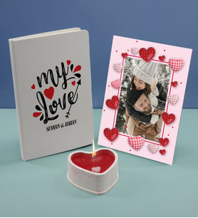 BK Gift Sevgililere Özel Beyaz Defter Dekoratif Çerçeve ve Kalp Taş Obje Kokulu Mum Hediye Seti-14, Sevgiliye Hediye, Sevgililer Günü