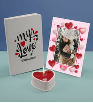 BK Gift Sevgililere Özel Beyaz Defter Dekoratif Çerçeve ve Kalp Taş Obje Kokulu Mum Hediye Seti-14, Sevgiliye Hediye, Sevgililer Günü