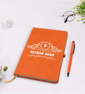 BK Gift Kişiye Özel İsimli Turuncu Termo Deri Defter Kalem Seti Model 33