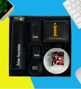 Kişiye Özel Premium Kutu Dijital Göstergeli Termos Bardak Cüzdan Cakmak Metal Anahtarlık Fotoğraflı Türk Kahve Fincanı Hediye Set