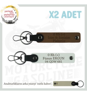 Motorculara Özel İsim Plaka ve 0(+) Kan Grubu Yazılı Kişiselleştirilen x2 Anahtarlık, Kahve-Beyaz-SK (Çok Renkli)