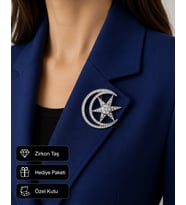 Hediye Ay Yıldız Taşlı Premium Kadın Broş Rozet Gümüş Renk Zirkon Taşlı