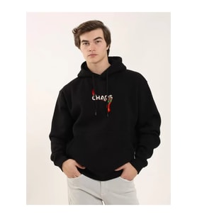 Unisex Baskılı Oversize Üç İplik Kapüşonlu Sweatshirt - Siyah