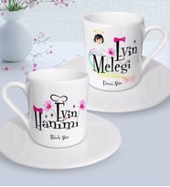 BK Gift Kişiye Özel Anneler Günü Temalı Evin Hanımı ve Evin Meleği Tasarımlı İkili Türk Kahvesi Fincanı Seti-1 (Beyaz)