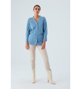Peraluna NICOLA LONG CARDIGAN Cepli Klasik Kesim V Yaka Uzun Kadın Triko Hırka - Mavi