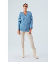 Peraluna NICOLA LONG CARDIGAN Cepli Klasik Kesim V Yaka Uzun Kadın Triko Hırka - Mavi