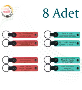 Nar Çiçeği & Turkuaz, 8’li Set, Kişisel Mesajlı Deri Hediyelik, Aile Buluşmalarına Küçük Anı