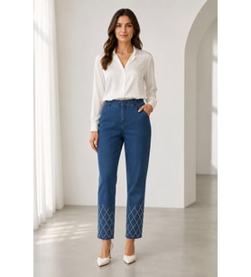 Kadın Paçası Işıltılı Nakış Detaylı Yüksek Bel Denim Pantolon Y26-1505-Mavi