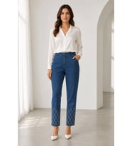 Kadın Paçası Işıltılı Nakış Detaylı Yüksek Bel Denim Pantolon Y26-1505-Mavi