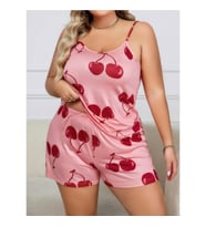Arias Closet Büyük Beden Pembe Kiraz Desen İnce Askılı Pamuklu Şortlu Pijama Takımı