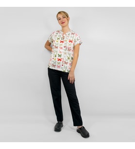 Unisex Yeşil Kelebek Desenli Likralı Cerrahi Hemşire Üniforma Takımı