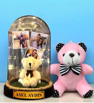 Kişiye Özel Tasarlanacak Led Işıklı Fanus ve Pembe Peluş Anahtarlık Hediye Seti (Model 1)
