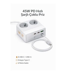 45W PD Hızlı Şarjlı 2’li Akım Korumalı Priz  2x Type-C + USB-A  2500W  Çoklu Şarj İstasyonu
