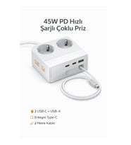 45W PD Hızlı Şarjlı 2’li Akım Korumalı Priz  2x Type-C + USB-A  2500W  Çoklu Şarj İstasyonu (Parlak Beyaz)