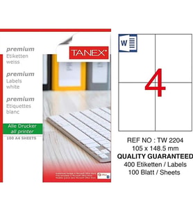 Bilgisayar Etiketi Tw-2204 105x148,50 mm 100 Lü Lazer Etiket 1 Paket Tanex Davetiye Kargo Etiketi (Beyaz)