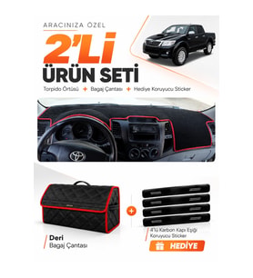 TOYOTA HİLUX (2005-2014) Uyumlu Torpido Örtüsü + Deri Bagaj Çantası + Sticker Seti - Siyah Kırmızı