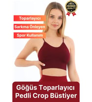Göğüs Toparlayıcı Sarkma Önleyen Gündelik Spor Kullanım İnce İp Askılı Pedli Çizgili Crop Büstiyer (Bordo)