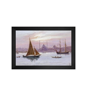 Halil Paşa İstanbul Boğazı Yelkenli Gemiler Motifli Kanvas Tablo 80 x 110 cm Siyah Çerçeve