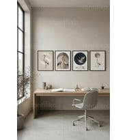 Minimalist Kuş ve Ay Sanatı 4’lü Ahşap Çerçeveli Tablo Seti