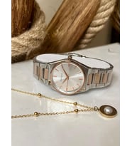 Ferrucci Silver&Rose Çelik Klasik Model Kadın Kol Saati+%100 Çelik İncili Kolye (Beyaz-Rose Gold)
