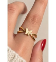 Minimal Kelebek Tasarım Ayarlanabilir Kadın Çelik Yüzük Gold/Gümüş Kararmaz Renk Atmaz