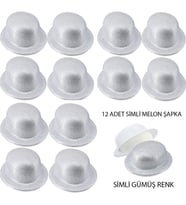 Gümüş Renk Simli Melon Yuvarlak Parti Şapkası 12 Adet