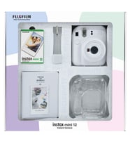 Instax mini 12 Beyaz Fotoğraf Makinesi 10'lu Film Simli Pleksi Kılıf PVC Albüm ve Kıskaçlı Resim Standı Bundle Box
