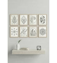 8 Parça Siyah Beyaz Geometrik Botanik Dekoratif Çerçeve Görünümlü Tablo Seti - Geometrik Tema
